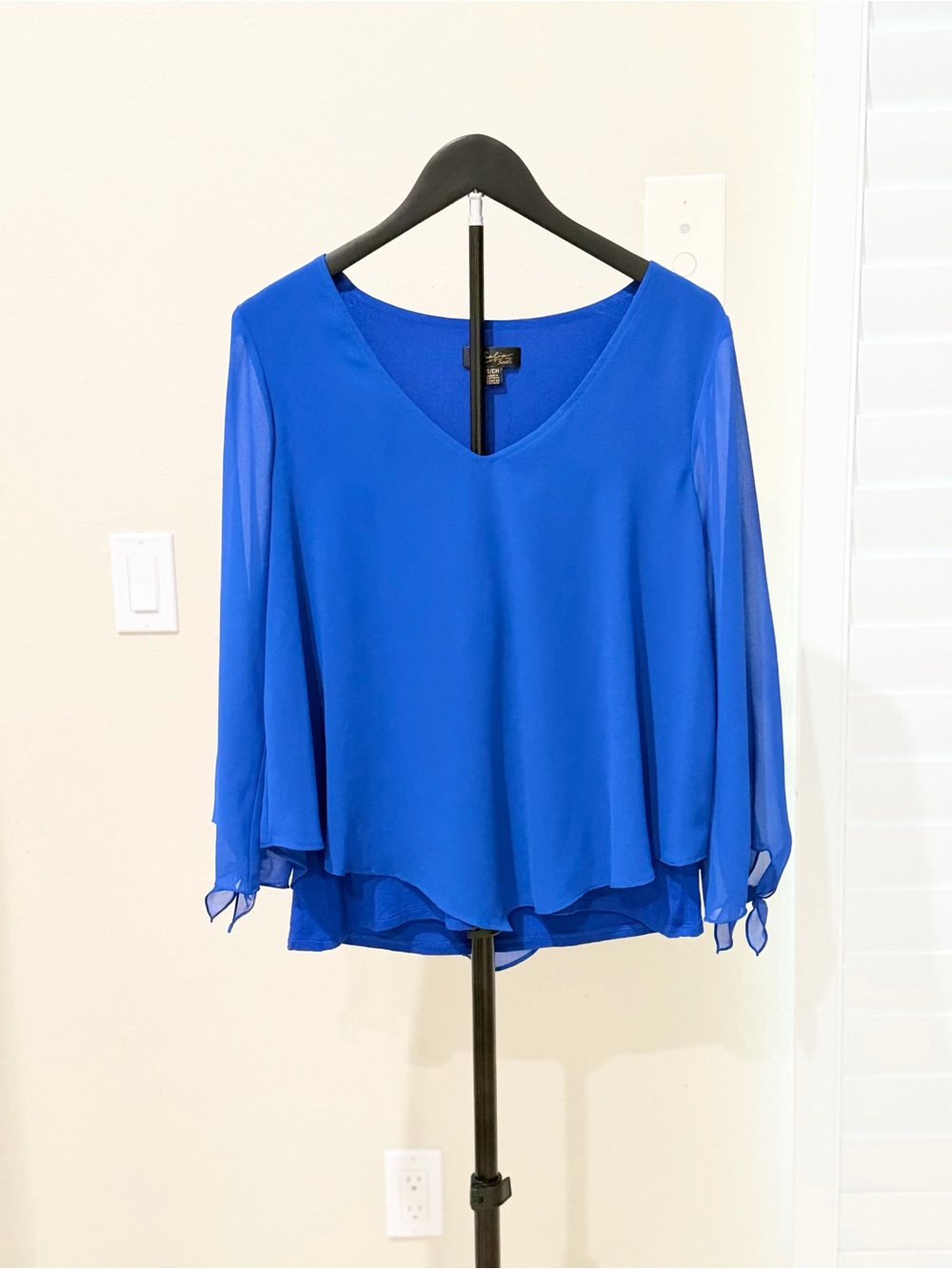Thalia Sodi Cobalt Blue Sheer Tie Sleeve Blouse Business Casual